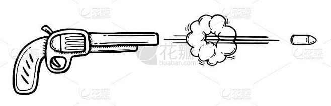 从枪射击。飞行的子弹。设置有趣的喜剧元素。云计算和烟雾。线和跟踪。黑白手绘镜头。卡通插图