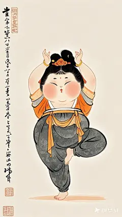 全景,水墨插画,极简主义，微胖的唐代女士插画,在运动，练瑜伽，健身，现代人物与古风工笔画结合，画风细腻成熟，独特的风格，识别度高，人物讨喜又不失韵味，可爱的Q版唐代风俗画图，场景干净，纯色背景 (2)