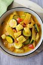 Top down view of Thai Yellow Curry recipe in a bowl.