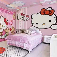 儿童房卡通壁纸粉色公主房女孩卧室背景墙纸hellokitty凯蒂猫壁画-淘宝@北坤人素材