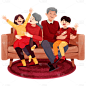 中国风元宵节坐在沙发上的温馨一家人插画