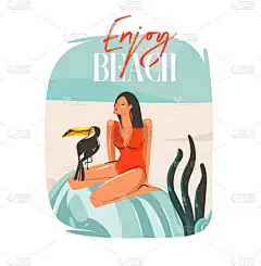 手绘矢量抽象卡通夏日时光图形插图模板标志背景与女孩, 放松在海滩场面, 热带鸟并且享受海滩排版在白色