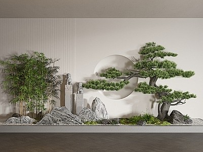新中式庭院景观植物小品 松树 竹子 景观造景