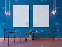 宽现代蓝色壁纸和室内布局装饰3d插画