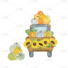 卡车装载的南瓜装饰与向日葵水彩画插图，传统的感恩节假日装饰，剪纸为海报，旗帜，邀请，贺卡模板