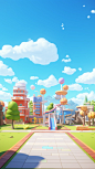 Cartoon campus, building, playground, sky, white clouds, simplicity, cartoon style, 3D model, 3D,C4D, blender,