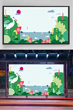 精品荷花白鹤手绘插画设计