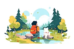 露营场景插图，野餐，欢乐的气氛，春天，阳光，鲜花