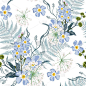 Spring summer blue forget-me-not flowers with herb