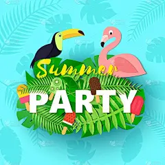 Word PARTY夏季作文与丛林树叶冰淇淋巨嘴鸟火烈鸟在蓝色背景剪纸风格。热带鸟类工艺信设计海报传