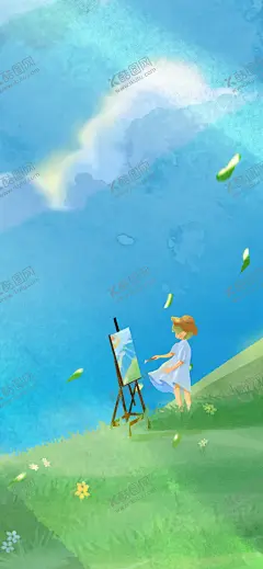 插画手机壁纸屏保 【酷图网】写生,女孩,插画,壁纸,屏保,绿色,蓝天,草地