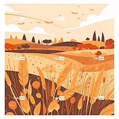 秋收田野，金色麦田，平面插图，手绘