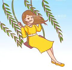  荡秋千   - 源文件下载【酷图网】手绘,春天,少女,荡秋千,场景,素材,