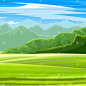 农村山,山。风景。草地和树木。地平线。美丽的景色。夏天。雾蒙蒙的距离。一个旅游的地方。向量