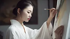 (3/4)一个女孩正在画一幅画，握着一支画笔，采用工笔风格，具有电影般的优雅，我简直无法相信这是多么美丽，32K超高清，韩流，永恒的艺术风格，面部表情生动(AI绘图来自WeDraw.art)