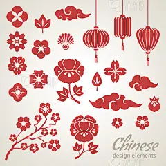 Chinese Decorative Icons, Clouds, Flowers and Chinese Lights
