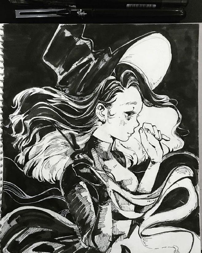 #绘画欣赏# 黑白插画少女画师 Meed...