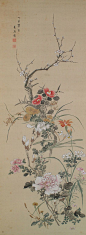 Flowers, Urakami Shunkin (1779-1846), Japanese scroll painting. camellias in the top under the cherry blossom: 