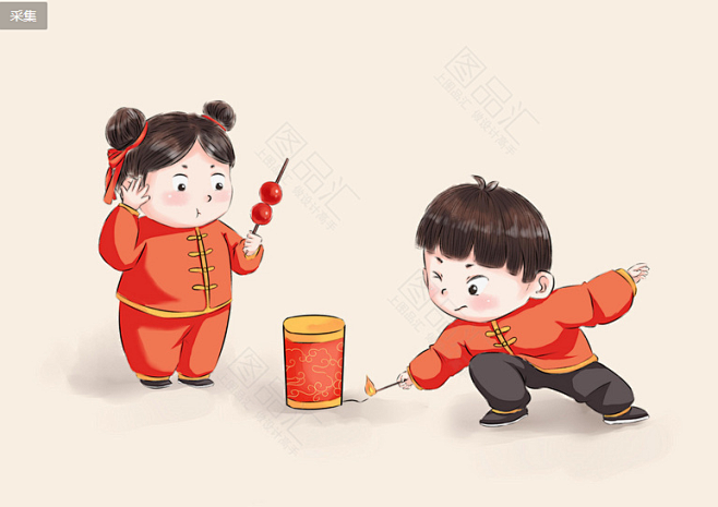 放鞭炮的卡通儿童春节新年插画 春节放鞭炮...