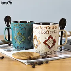 jarsun创意大容量手绘陶瓷杯子带盖勺办公室马克杯咖啡杯情侣水杯