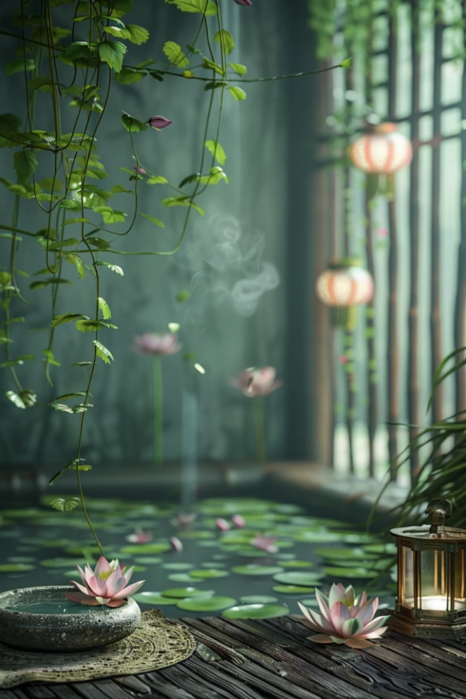 典雅的古风荷花禅意场景-花瓣网