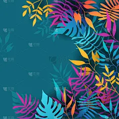 花背景矢量。充满活力的渐变色彩纹理，花卉和植物叶手绘。抽象艺术设计的墙纸，墙壁艺术，封面，婚礼和邀请