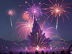夜晚唯美紫色新年烟花插画AI数字艺术