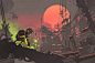 夕阳画下的机器人在废墟城市播种