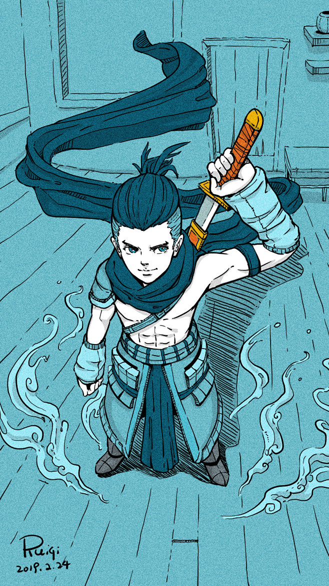 插画手绘透视拔刀