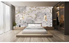 Katiya中式梅花轻奢壁纸复古手绘墙布卧室沙发背景墙电视山水壁画-淘宝网