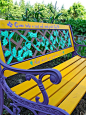 Brightly painted garden bench    Reflecting Back on My Community Garden Plot | gravy lessons