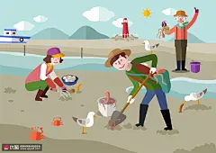 海边退潮海鲜贝壳章鱼捕捞旅行插画 休闲生活 休闲娱乐