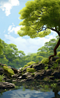 Green tree with moss and grass, in the style of 32k uhd, low-angle, kintsukuroi, rtx on, terragen, natural scenery, naturalistic rendering