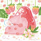 a drawing of a pink pig with strawberries hanging from it's back and on the ground