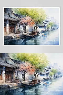 AI数字艺术水墨风徽派建筑江南水乡插画-众图网