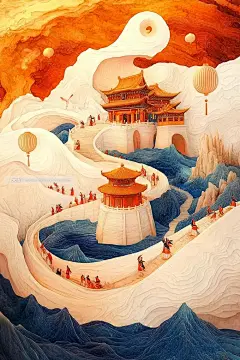 春节古镇，橙黄云螺旋，灯笼映水，家人桥上乐。 -大作