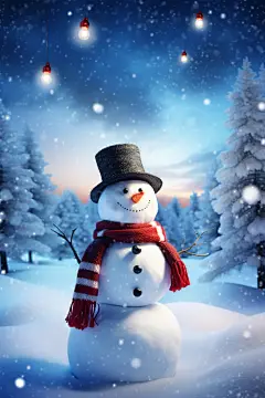 可爱冬天雪人植物树木素材图片