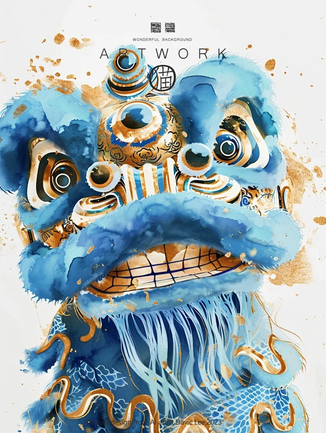 新中式国风素材国潮插画-醒狮·小蓝