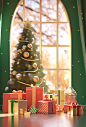 3d scene with christmas tree, presents and some windows, in the style of kitsch aesthetic, green and gold, vray, hallyu, , sigma 85mm f/1.4 dg hsm art, bold color usage