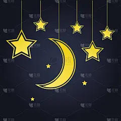 金色的月亮和星星在深蓝色的背景下。矢量图