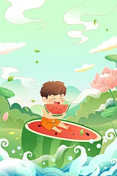 卡通夏季夏天大暑小暑节气节日儿童吃西瓜海边度假家人亲子游泳冲浪帆船城市风光古建筑自然风景渐变矢量插画插画下载