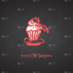手绘圣诞和新年贺卡与节日图标符号蛋糕和书法问候题词。黑色黑板背景复古风格，墨笔素描。