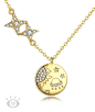 Whimsical gold-plated sterling silver necklace featuring a retro flying saucer travelling through space with the sun and stars set with faceted crystals. The chain is also embellished with stars set with crystals. ufo necklace,ufo jewelry,constellation ne