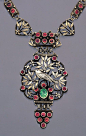 BERNARD CUZNER Arts & Crafts Bird Necklace Silver Garnet Peridot British, c.1905