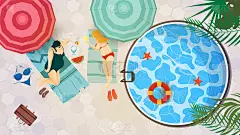 矢量插图在一个平坦的风格上的主题暑假和假期俯视图超重的人放松旁边一个圆形的游泳池