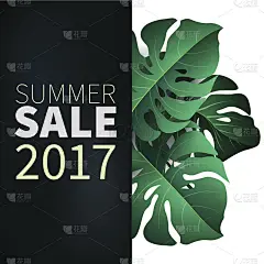 你好,夏天,夏季。以热带植物为背景的文字海报。出售海报和广告招牌。矢量插图。