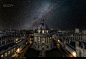 Oxford University under the winter Milky Way - stock photo