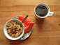 oatmeal with cinnamon, vanilla, molasses, and cinnamon raisin peanut butter, papaya, and black coffee #早餐# #營養# #健康# #西餐# #吃货#