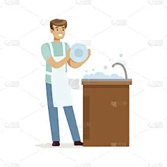 年轻的男人在厨房洗盘子，家庭的丈夫在家里工作矢量插画