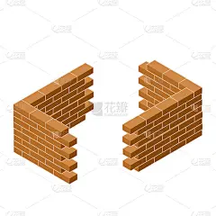 红砖墙的房子。建筑结构要素。角落的石头对象。等距插图。象征着保护和安全